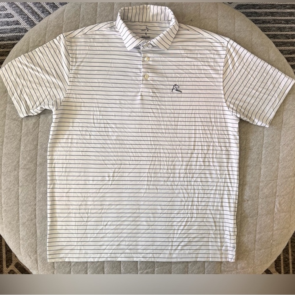 Rhoback Sz Large Captain White with Navy Stripes Golf Performance Polo Shirt